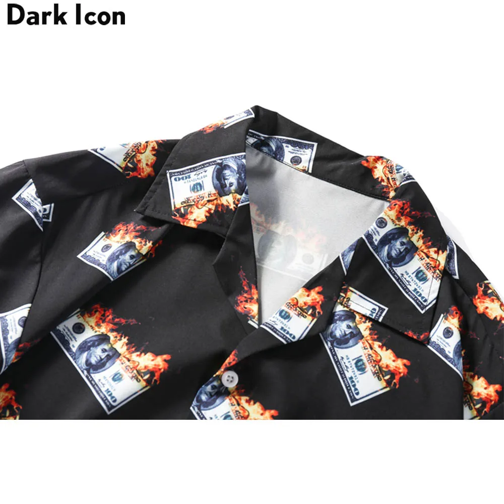 Dark Icon Flame Dollar Button Down Men\'s Shirt Summer Vintage Street Shirts Man Clothes Black