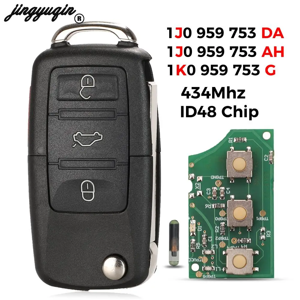 jingyuqin 1K0959753G 1J0959753 DA/ AH For VW Volkswagen Beetle Bora Golf Passat Polo ID48 Chip 434MHz Flip Remote Key 3 Buttons