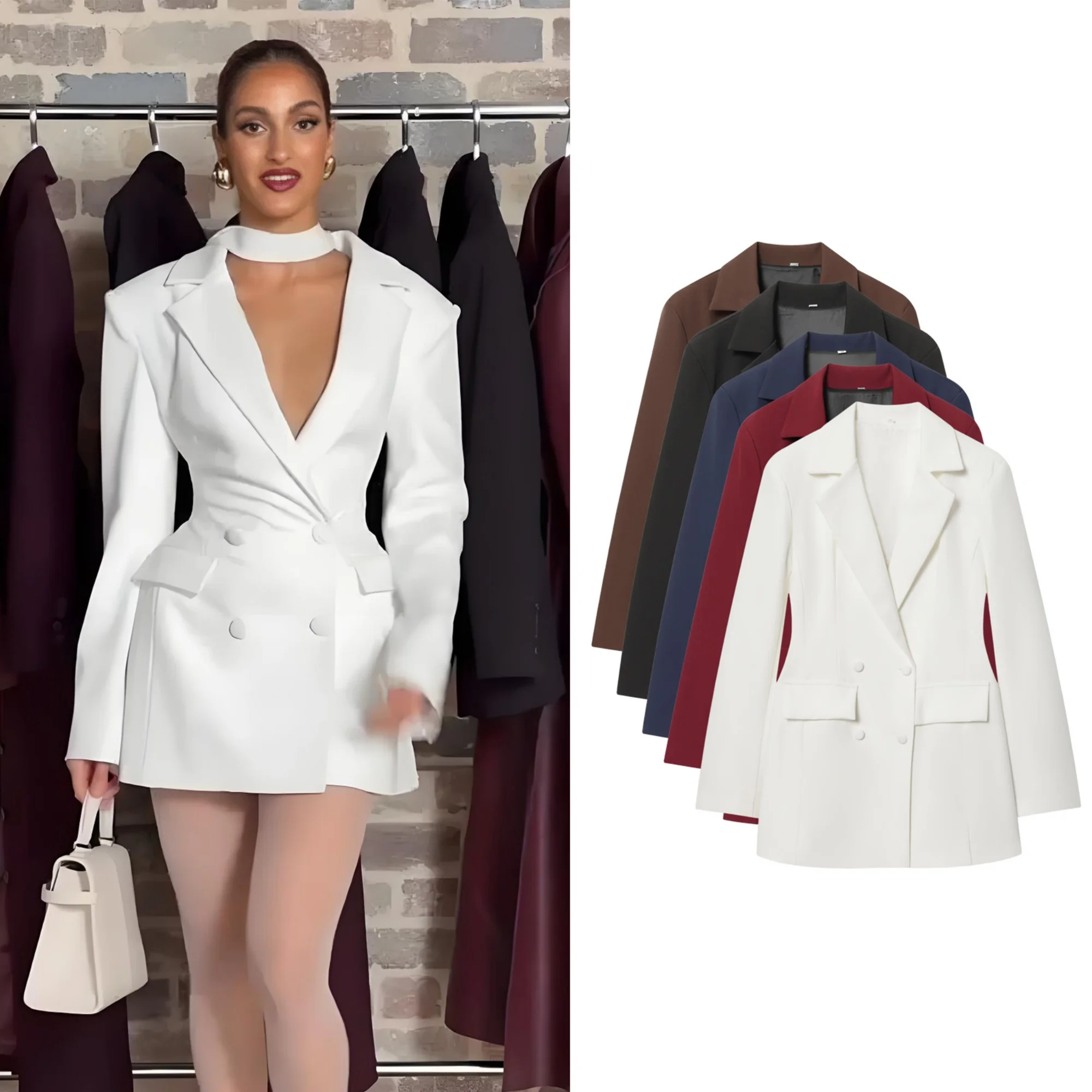 

Women Chic Solid Blazer Suit Dress Spring Female Full Sleeve V-Neck Double Breasted Thick Mini Dress Lady High Street Dress