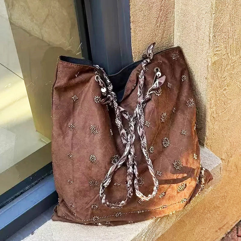 

Faux Suede Slim Tote Bags For Women Luxury Designer Handbag Purse 2026 New In Embroidery Beaded Large Capacity Underarm Shoulder