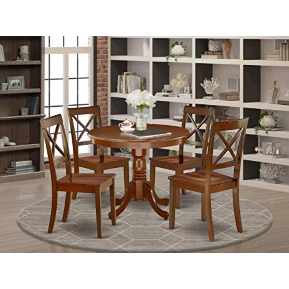 

3 Piece Room Furniture Set Contains a Round Dining Table with Pedestal and 2 Wood Seat Chairs,36 x 36 x 29 inches-Anbo5-mah-w