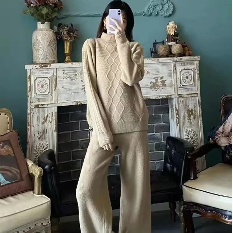 Sweater set Korean gentle wind cashmere sweater wide -leg pants cover women's two pieces of foreign pullover sweater female