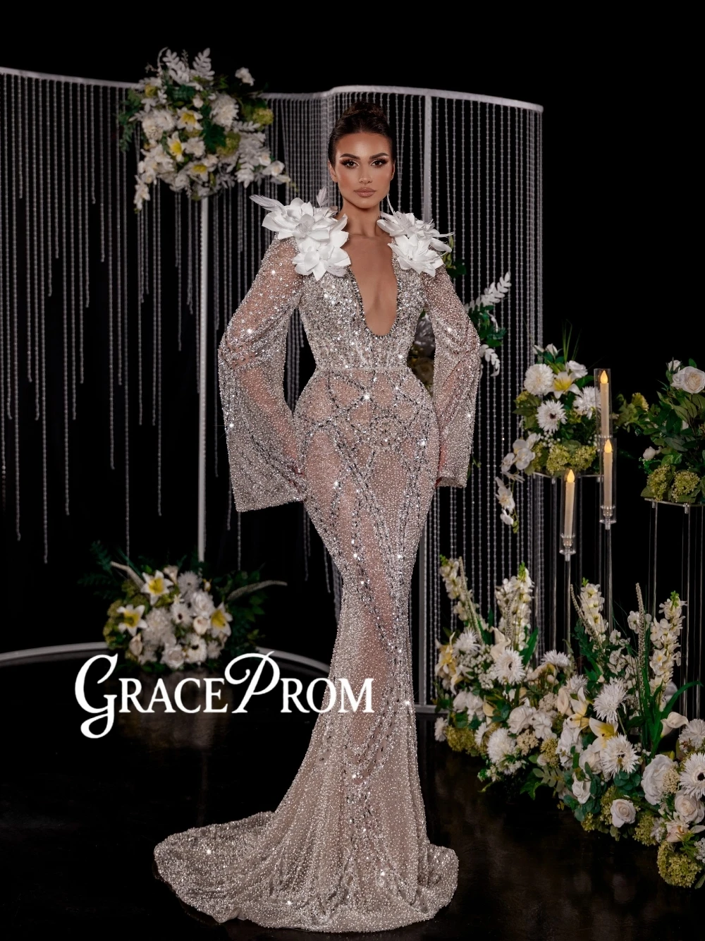 

Luxury 3D Flower Shoulder Bell Sleeve Wedding Dress 2 in 1 Dazzling Crystals Mermaid Bridal Gown Sexy Low Back Women Wear