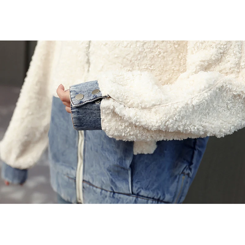 New Winter Parka Female Korean Loose Lamb Wool Plus Velvet Thicke Short Denim Jacket Outerwear Women lLetters Hooded Streetwear