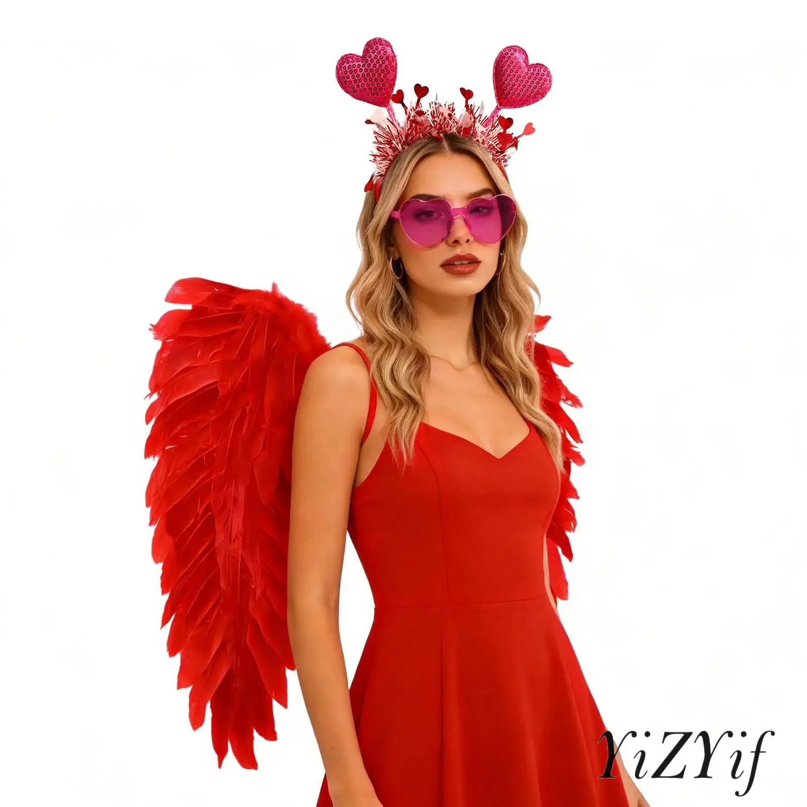 3 uds. Accesorios de vestir para el Día de San Valentín alas de Ángel de plumas correas elásticas para los hombros alas + diademas + conjunto de gafas de sol con forma de corazón