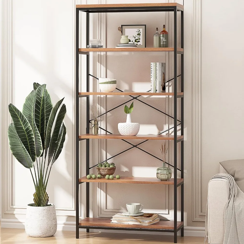 Modern Bookcases, Free Standing Display Shelving Unit, 5 Tier Industrial Bookcase for Living Room Bedroom - Black Metal Frame