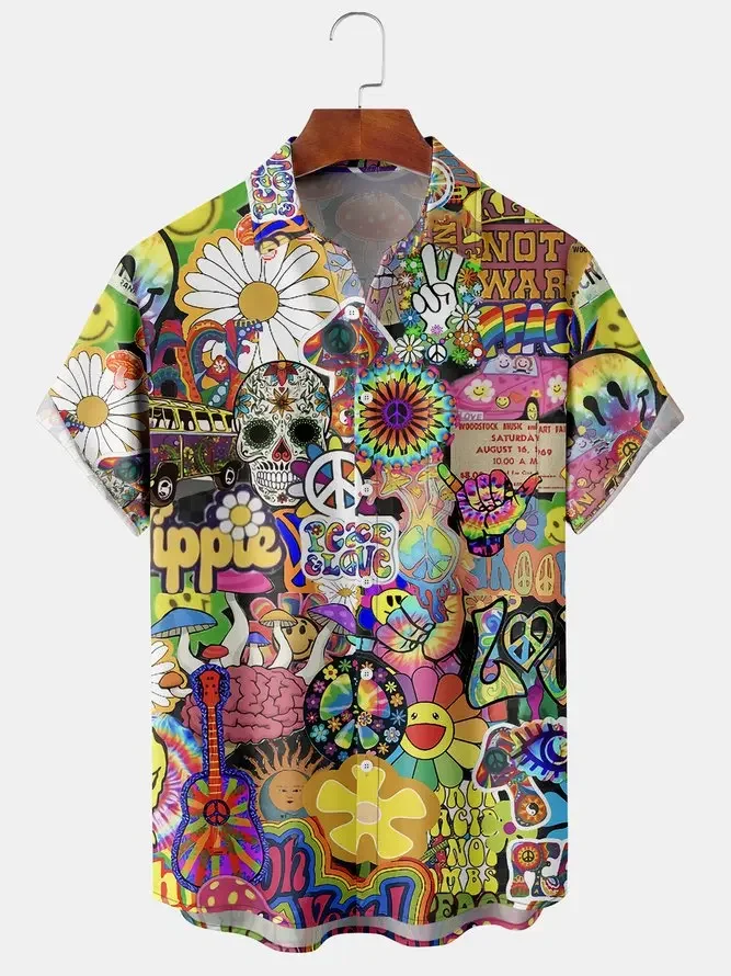 Colorful Bus Car Men\'s Hippie Peace and Love printed front button soft breathable chest pocket casual Hawaiian shirt men top 5XL