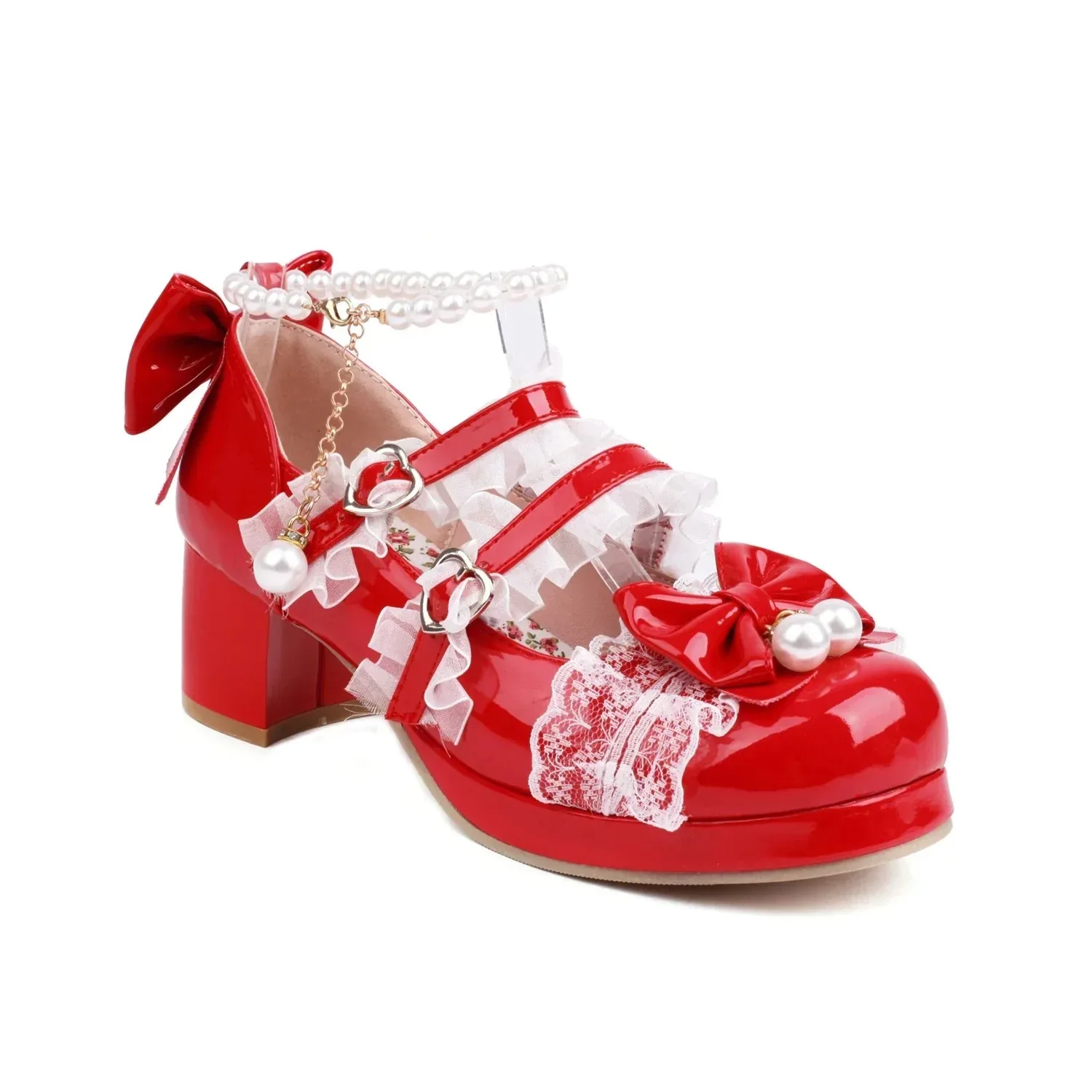 

Wedding Cosplay White Pink Black Strawberry Bow Princess Lolita Shoes Cross Strap Women High Heels Mary Jane Pumps Party
