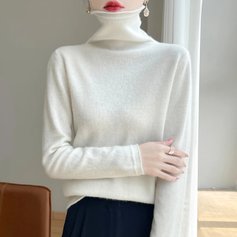 Autumn Winter 100% Wool Turtleneck Sweater Women Elegent Sweater Solid Color Long Sleeve Top Fashion Knit Female Pullover Jumper