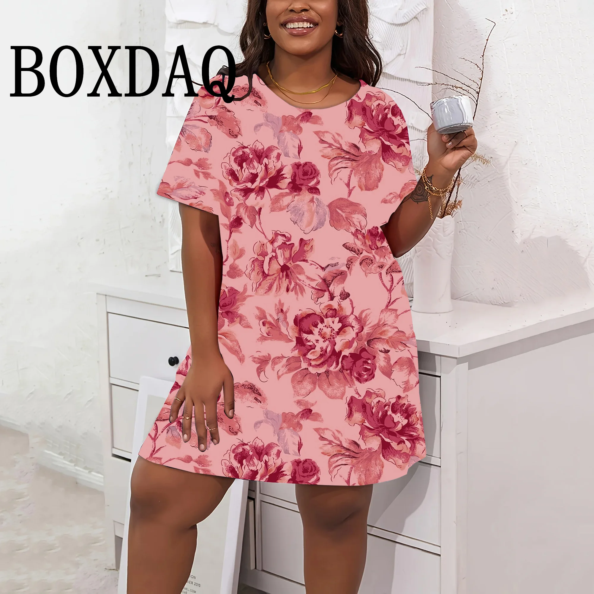 Elegant Casual Simple Loose Women's Dresses For Summer Retro Short Sleeve O-Neck Dress Fashion Plus Size Flower Print Clothing