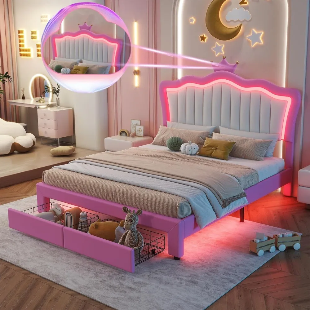 Linique Full Size Upholstered Princess Bed Frame with LED Lights, Crown Headboard, 2 Drawers, for Girls, Pink+White