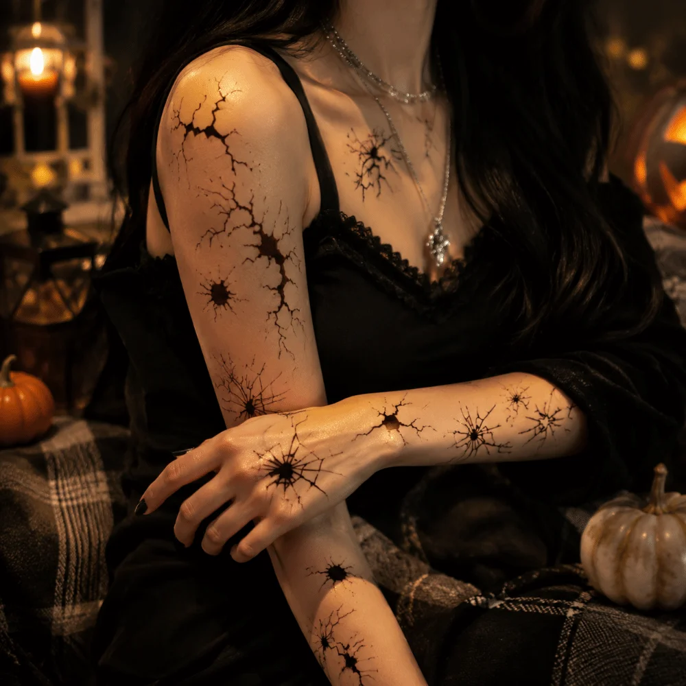 10pcs Crack Mark Halloween Tattoo Stickers Body Makeup Realistic Halloween Face Sticker Waterproof DIY Spider Web Tattoos