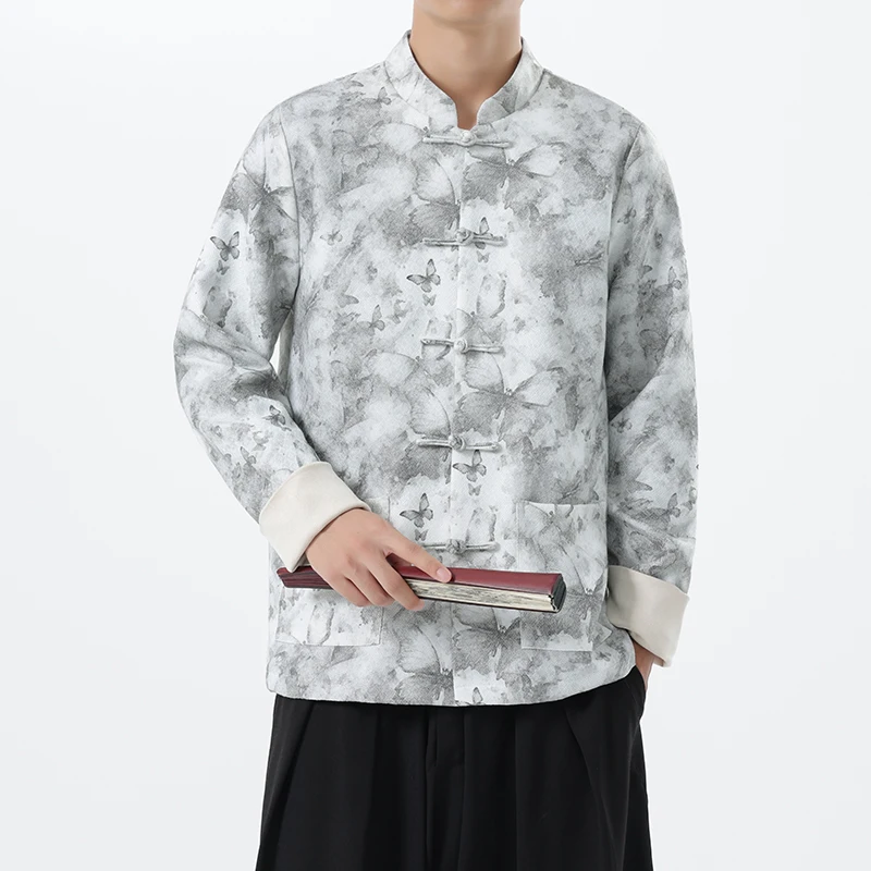 

Ретро-кардиган в китайском стиле с длинными рукавами и принтом, осенне-зимний, в стиле Тан, мужская модная верхняя одежда