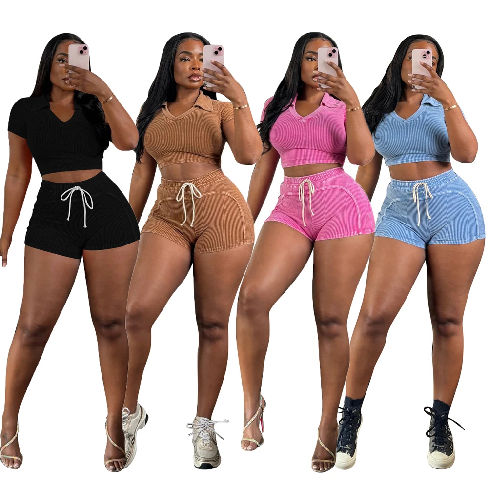 

2025 New Trend Women Shorts Sets Y2K Casual Sporty Matching 2 Piece Mini Shorts Tracksuit Set Acid Wash Short and Crop Top Set