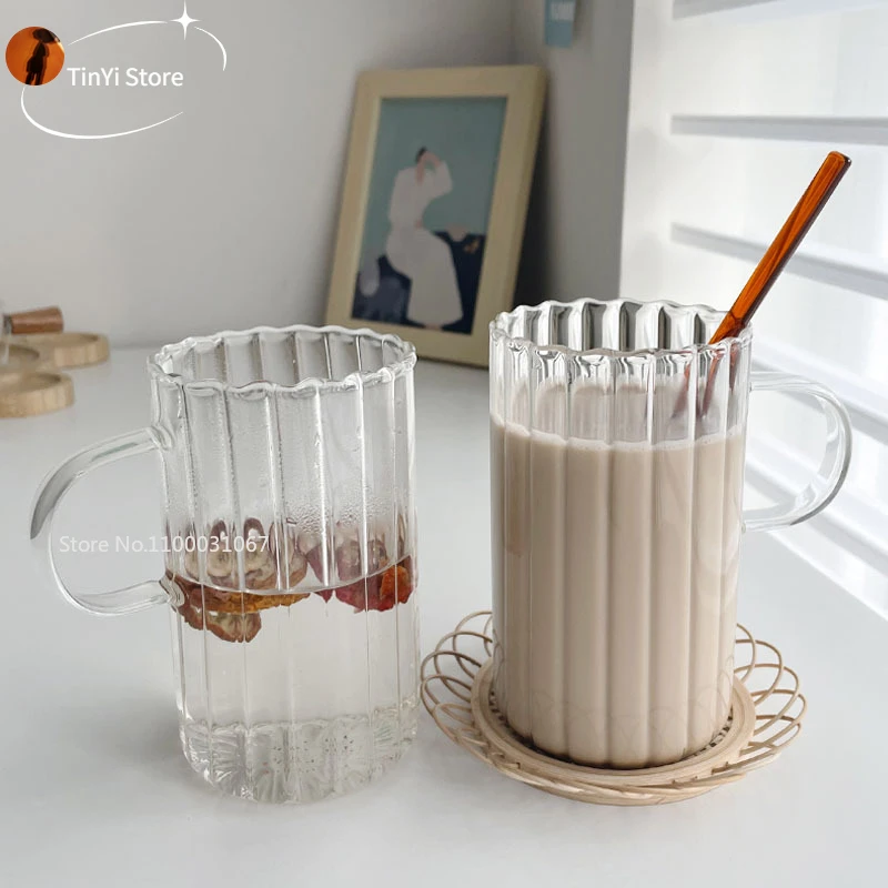 Stripe Glass Mug Creative Large Milk Juice Water Coffee Cup with Handle Transparent Mug Dessert Oatmeal Breakfast Cup