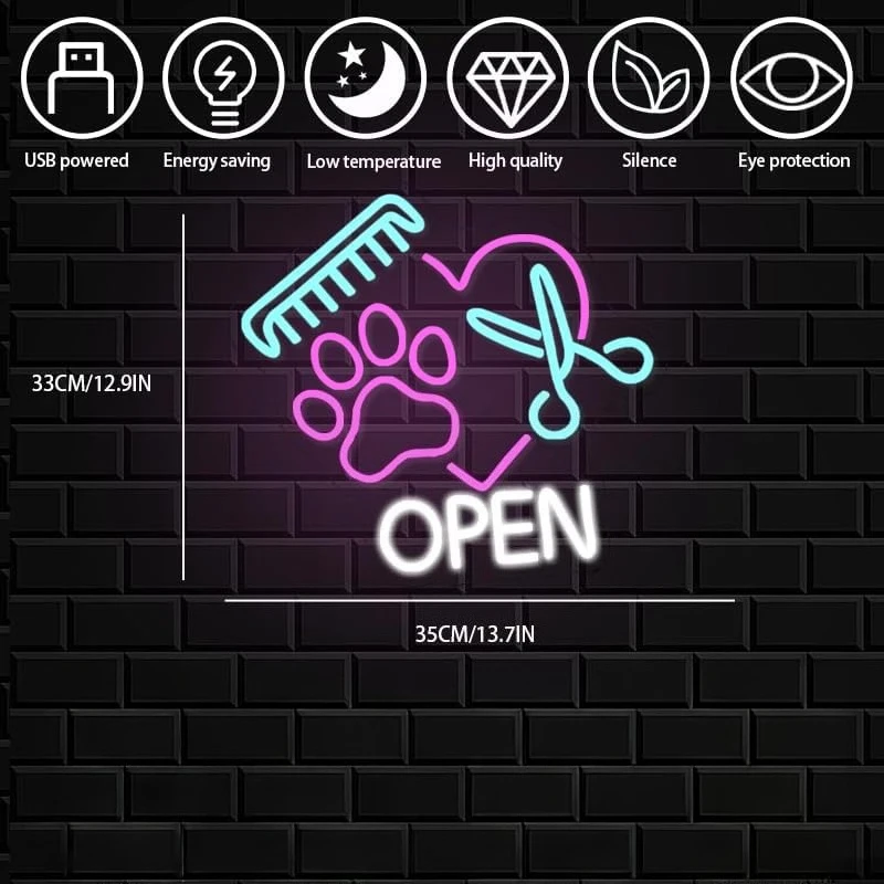 Pet Shop Open Neon Sign Colorful Paw Neon Light Dimmable for Pet Grooming Salon Pet Shop Pet Hospital Pet Salon Store Wall Decor