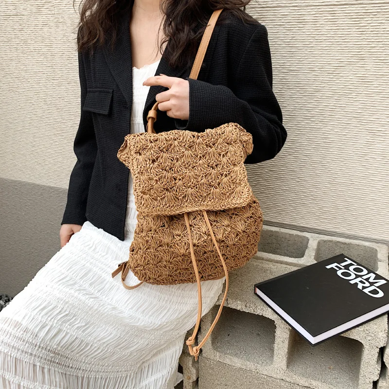 Straw Backpack for Women Design Casual Woven Rattan Travel Bagpack Beach Holiday Style Female Knit Drawstring Korean Rucksack