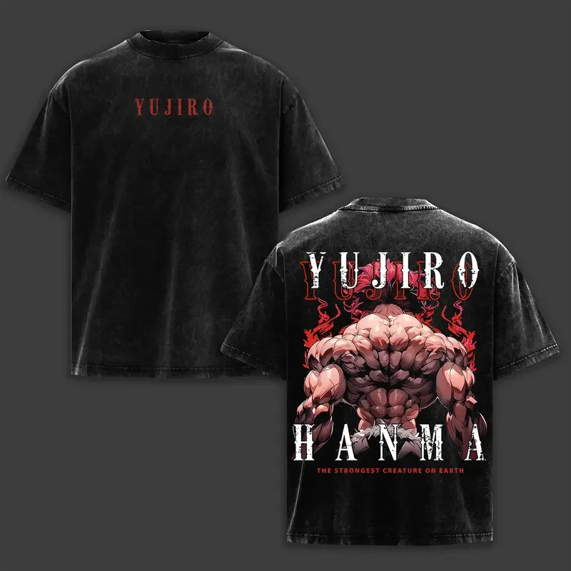 T-shirt stampata Baki Yujiro Hanma per uomo e donna, in cotone lavato, stile manga vintage, Harajuku, manica corta estiva.