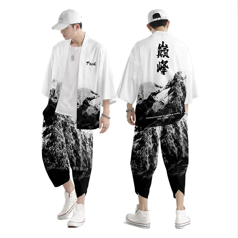 

Two-piece Suit Oversize S-6XL Loose Japanese Cardigan Women Men Cosplay Yukata Clothing Harajuku Samurai Kimono + Pants Sets