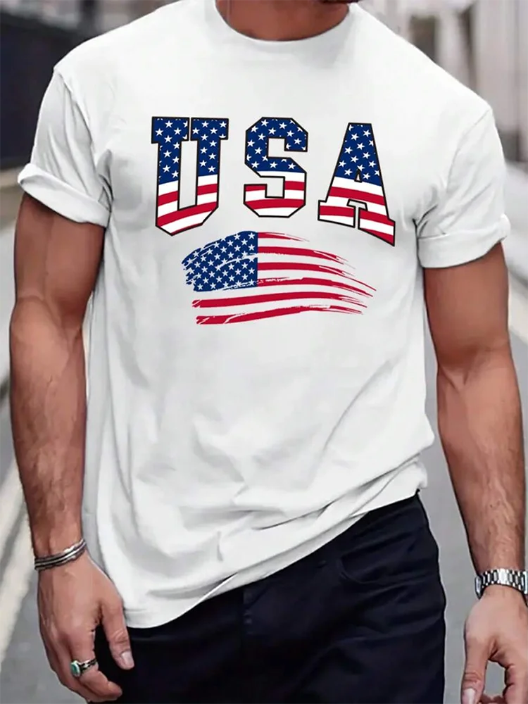 USA Flag Print Men\'s T-shirt Summer Daily Urban Fashion Men\'s T-shirt Street Casual Short-sleeved Top Travel Party Men\'s T-shirt