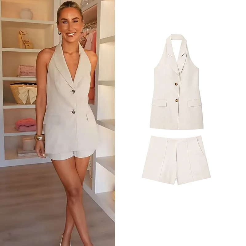

Sets Summer Women's 2025 New Suits Chic Slim V-neck Hanging Neck Elegant Holiday Women's Sets Street Youth Fashion Comfort Suit