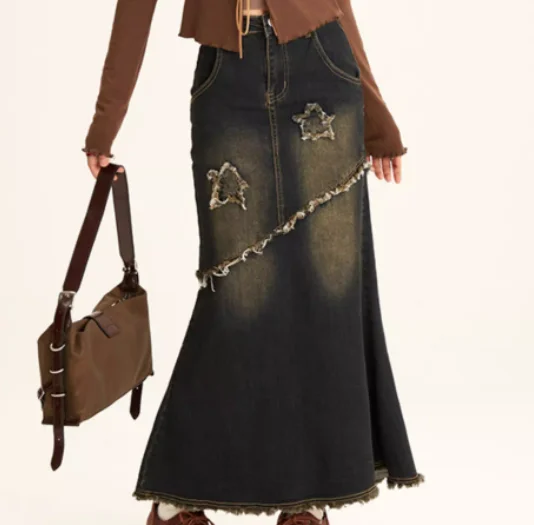 レディース秋アメリカンヴィンテージセクシーなブルーフィッシュテールデニムスカート多用途年齢軽減スリムレジャーハイウエスト個性スカート