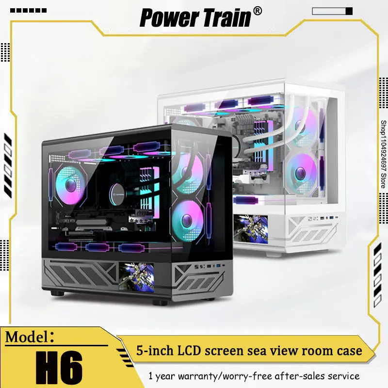 PowerTrain X-GAMERX H6 Sea View Room Case Pantalla LCD de 5 pulgadas MATX Vidrio lateral transparente 360 Mini caja de juego de escritorio refrigerada por agua