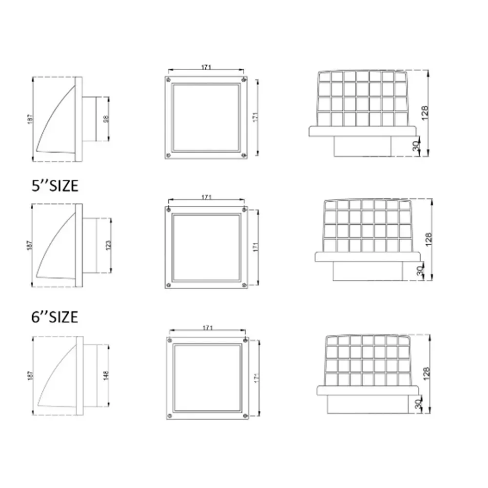 信頼性の高い外壁排気口,185x128x147mm排気口,パッシブ換気,チック気流を確保