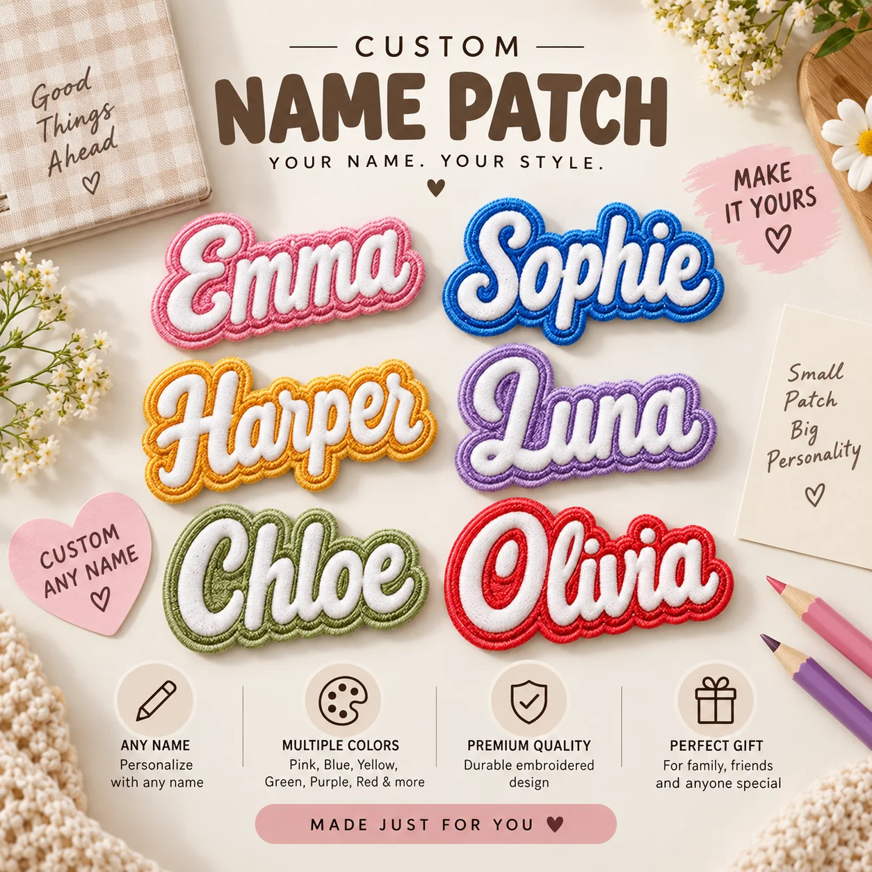 1Pc Custom Colorful Embroidered Name Patch Personalized Sew On Badge for Clothes Backpacks Pets Daycare Work Shirts Gifts Labels