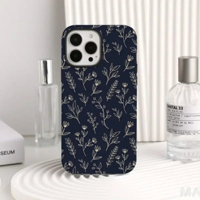 Dark Blue Pressed Flowers Phone Case For IPHONE 16ProMax 15 14 13 12 11 PRO Plus Acrylic TPU Two in one Mobile Phone Cases