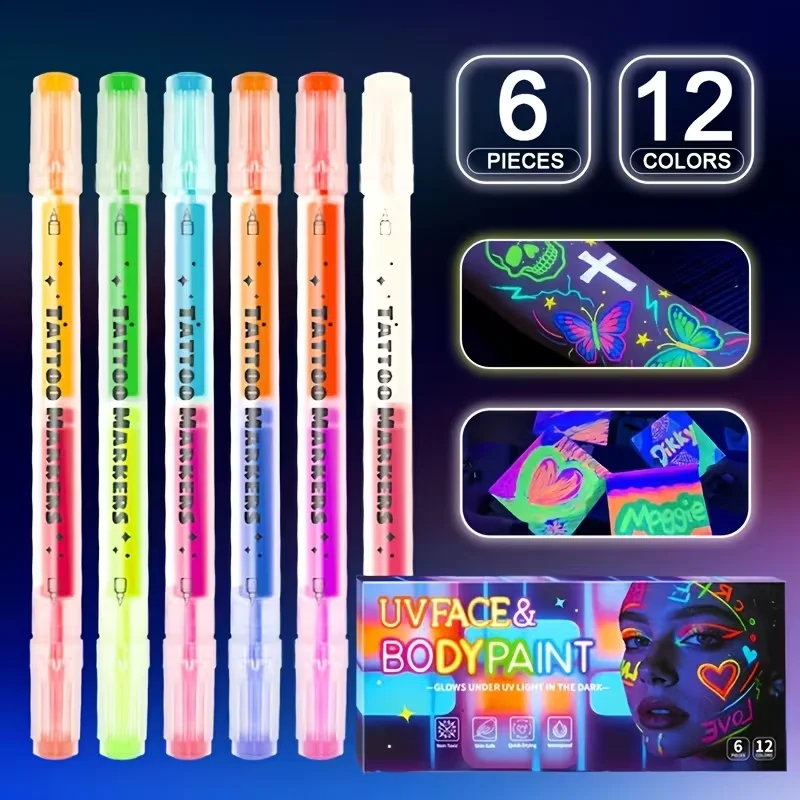 Dual Head Dual Color Glow in the Dark UV Face Body Paint Pen DIY Luminous Makeup Marker Pen for Halloween Party Festival Art
