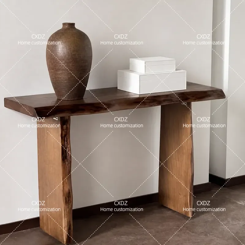 Wabi Sabi Natural Edge Wood Console Table Retro Solid Wood Entryway Platform Living Room Wall Mounted Decorative Shelf