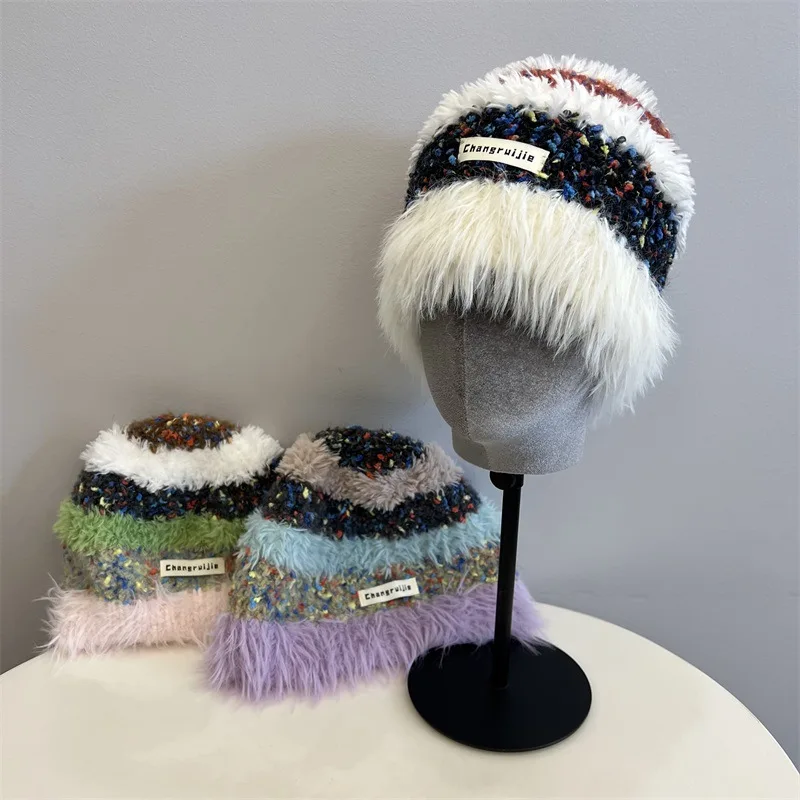 Women Bright Striped Beanie Furry Bucket Hats Winter Warm Fluffy Plush Panama Caps Soft Warm Faux Fur Fisherman Hat Women Gorras