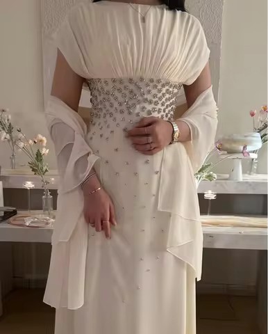 customized Prom Dresses Celebrity Evening Gowns Chiffon Beads Crystals Cape Wedding Floor Length Off Shoulder Party Dress