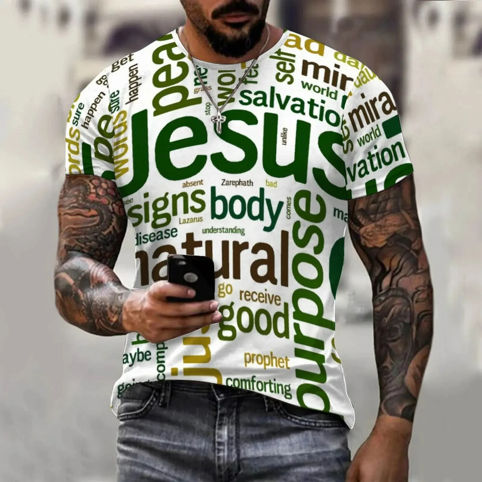 Summer Fashion Letter JESUS Printing 3D Graphic Men\'s T-shirts Fashion Street Round neck Short sleeved Casual Tops Tees Clothing