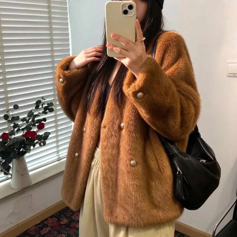 High Quality Winter Women Hairy Caramel V Neck Faux Fur Coat Double-breasted Buttons Loose Warm Shaggy Jacket Oversize Outerwear