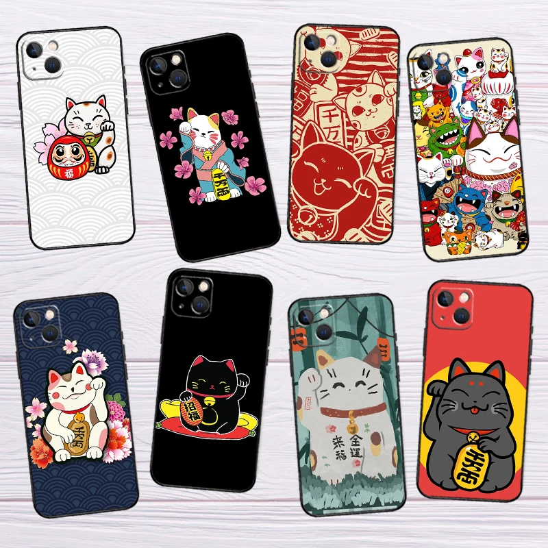 Lucky Cat Maneki Neko Japanese Phone Case For iPhone 16 15 14 11 12 13 Pro Plus X XR XS Max 13 Mini Soft TPU Cover