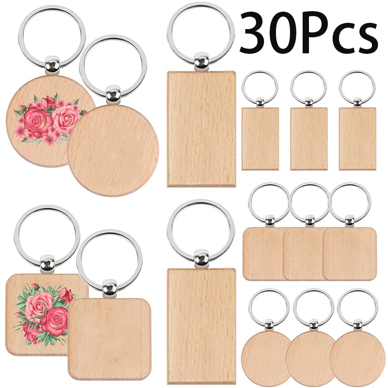 

30Pcs Blank Wooden Key Chain Diy Wood Keychain Rings Key Tags Jewelry Findings Craft