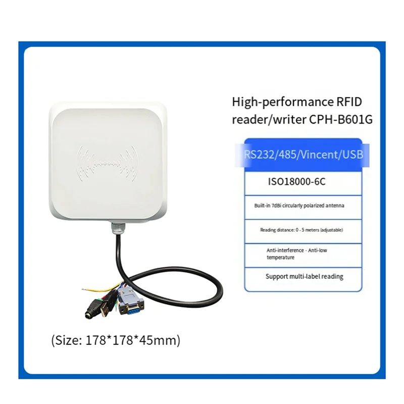 UHF-RFID-Lesegerät 7Dbi-Antenne unterstützt Multi-Tag-Lesung mit großer Reichweite 0–5 m RS232/485/Wiegand26-Schnittstelle