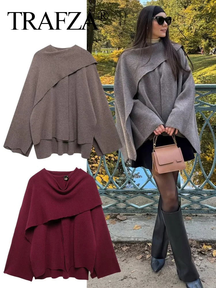 TRAFZA Vintage Women's Cape Style Jackets Elegant Shawls Cape Coat For Female 2024 Asymmetric Long Sleeves Knitted Oversized Top