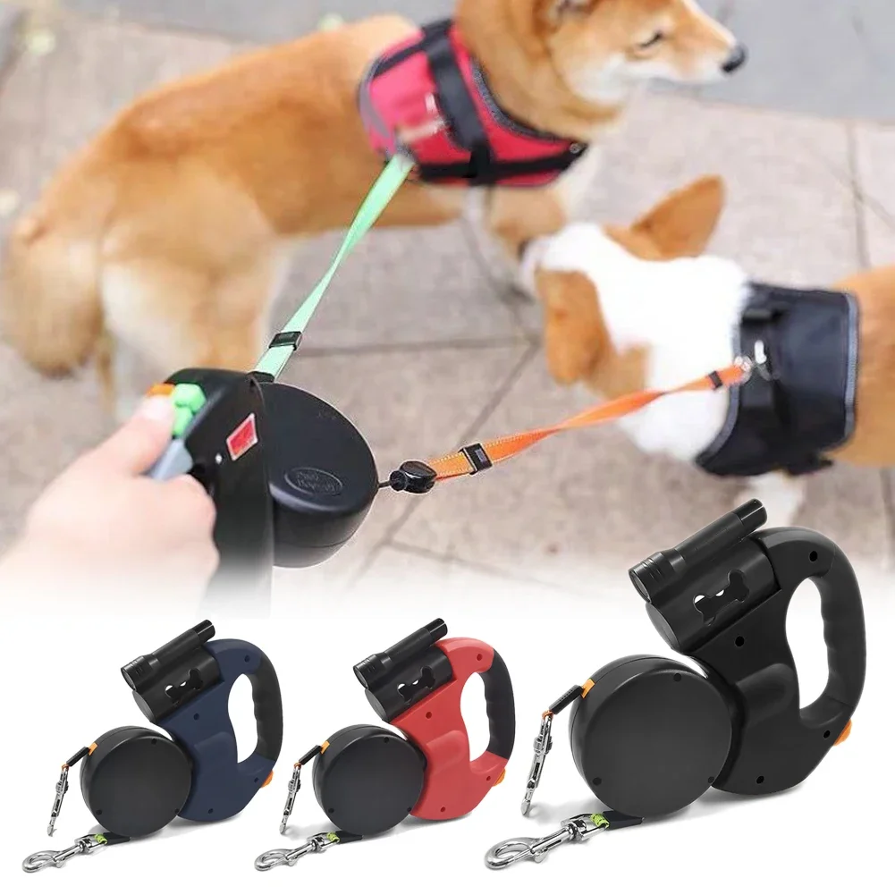 3m Auto Retractable Double-Ended Traction Rope Roulette Pet Supplies with Flashlight Waste Bag Box Dual Dog Leash Accessories