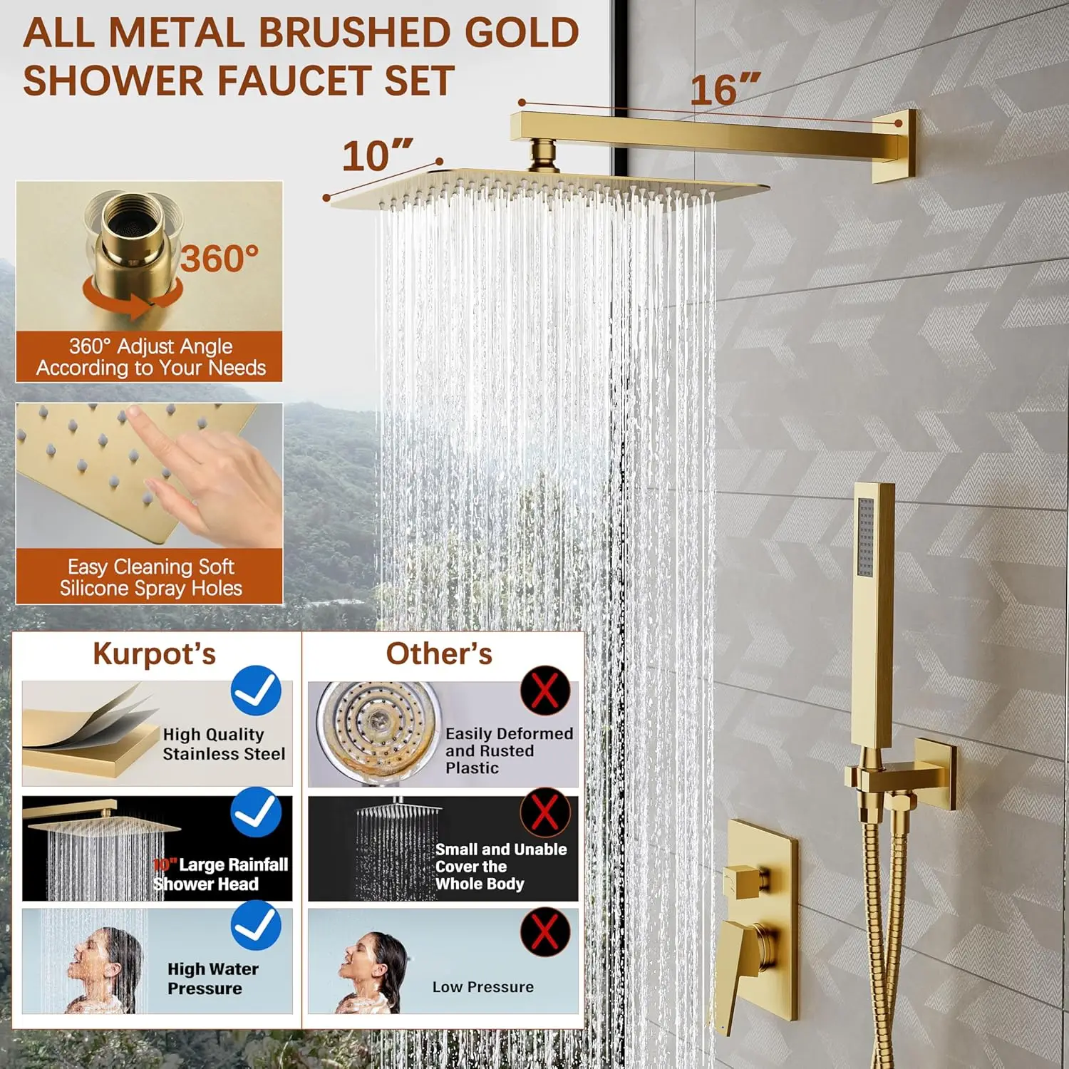 10'' Square Rainfall Shower Head with Handheld Combo, Brushed Gold Faucet Set, Wall Mounted