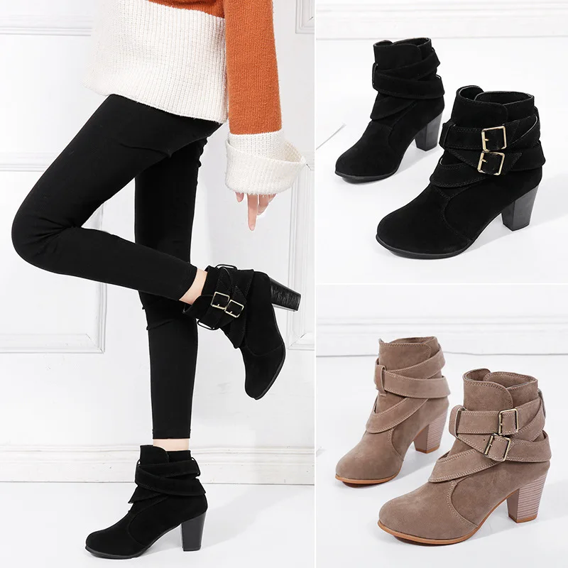 Women High Heel Ankle Boots Suede Belt Buckle Short Boots Women\'s High Heels Platform Autumn Shoes Ladies Booties Retro Plus 43