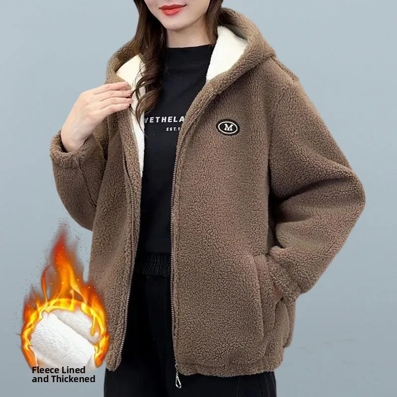 

Women's Fce Lined Thiened Lamb Velvet Warm Cotton Jaet Mom's Casual Hooded Cotton Coat Outerwear Autumn Winter New Sle