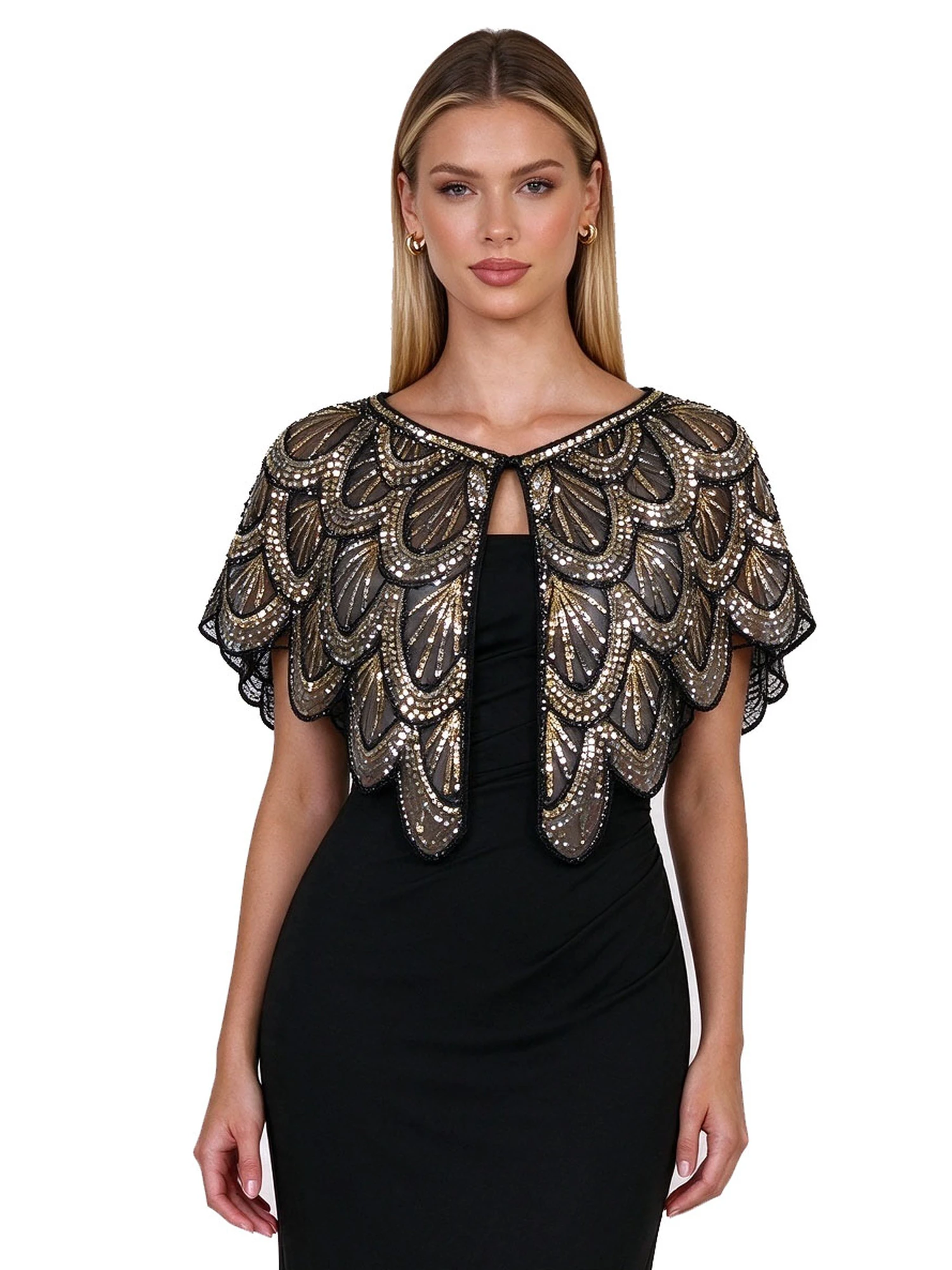Women s Sequin Short Cape Sheer Mesh  Petal Edge Shawl Poncho