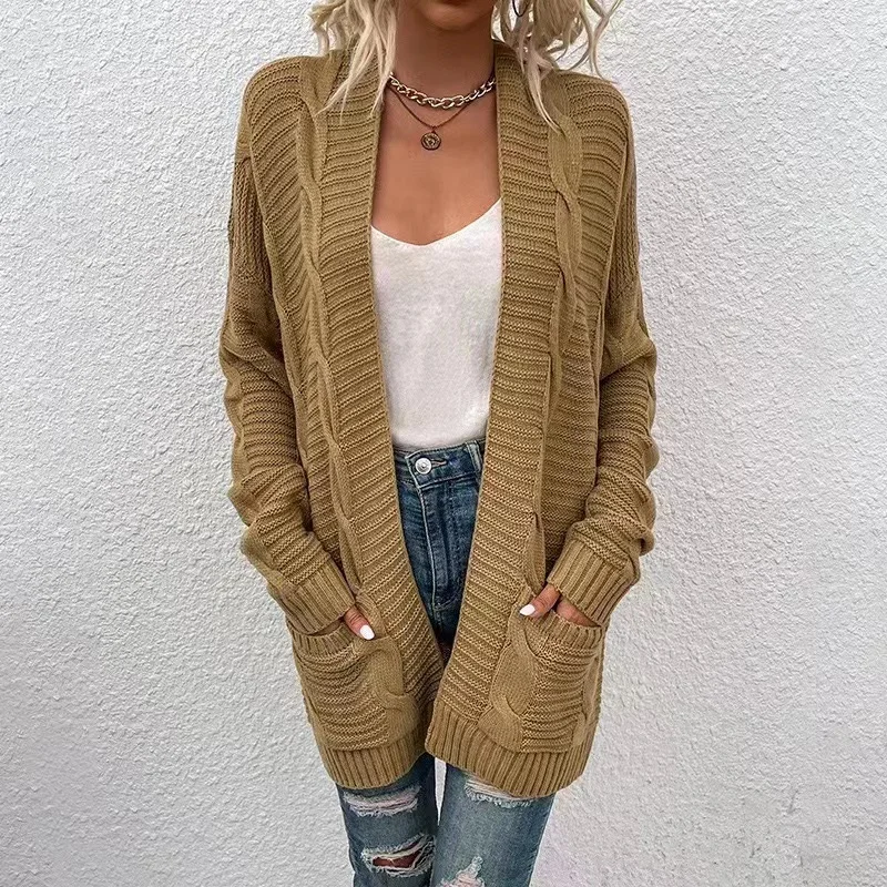 Autumn Winter Women's Sweater New V-Neck Solid Loose Vintage Pockets Long Cardigans Knitted Coat Traf Casual Sweaters Women