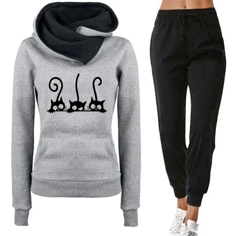 New Arrival Women\'s Cute Cat Hooded Outfits Hoodies and Jogger Pants High Quality Ladies Daily Casual Sports Jogging Suit 2024