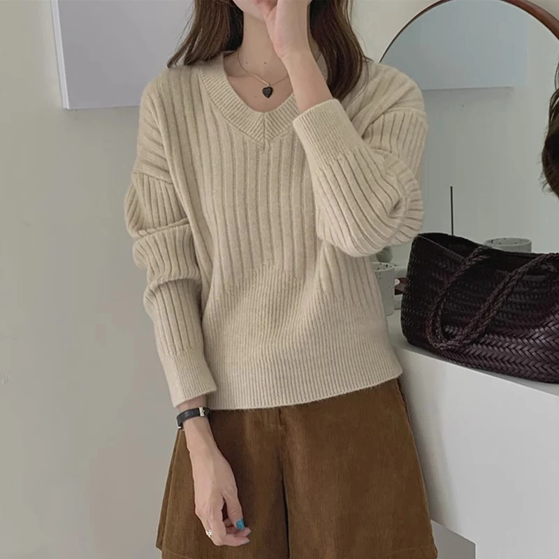

Pit Strip Long Sleeve Knitted Sweater Woman Autumn Winter Simple Versatile V-Neck Pullovers Vintage Slim Fit Bottoming Jumpers