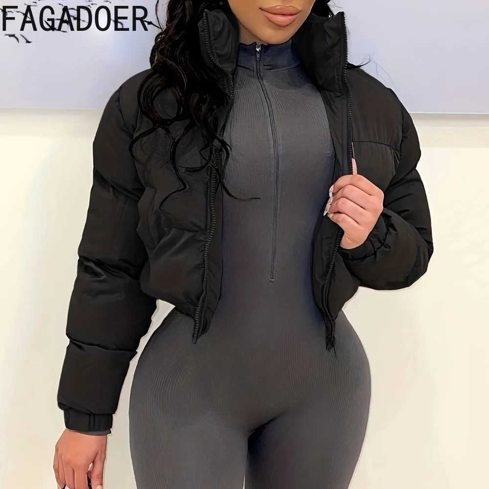 FAGADOER Autumn New Fashion Warm Cotton Jacket Women Solid Color Long Sleeves Puffer Crop Jacket Female Streetwear Clothing 2025