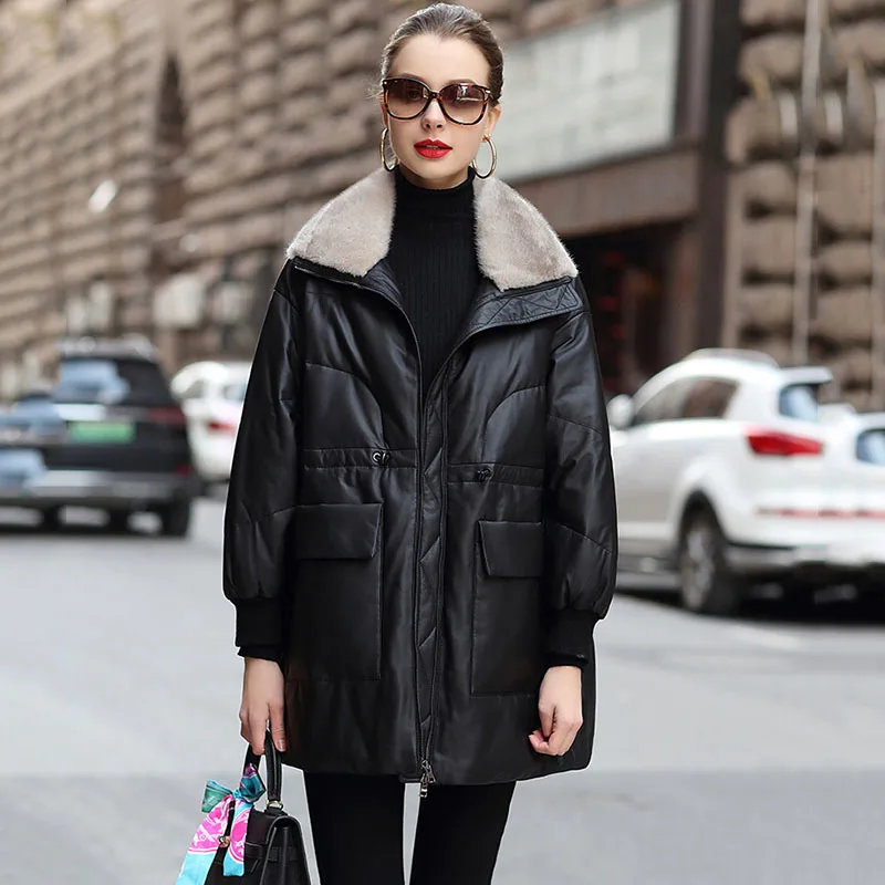 

2023 High end Fashion Women's Mink Collar Natural Sheepskin Down Coat Winter Mid Length Drawstring Slimming Genuine Leather Jack